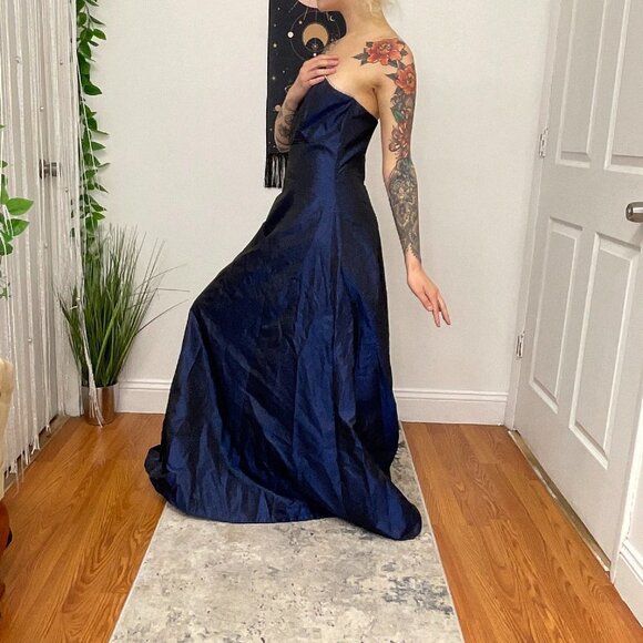 Y2K Gunne Sax Shimmer Strapless Maxi Evening Dress Back Zip Size 9 Blue - Picture 3 of 5